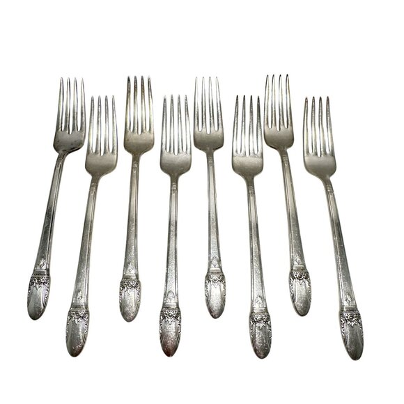 Rogers Bros IS Vintage 1937 FIRST LOVE Set of 8 Dinner Forks 7.75" Silverplate - Picture 3 of 7